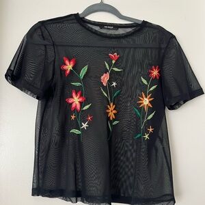 Zara Black Mesh Top with Colorful Floral Embroidery
